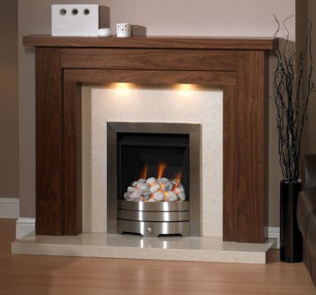 A fireplace with a wood surround
