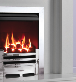 Gazco Logic HE (Balanced flue) shown with Arts front in Polished Chrome-effect and Polished steel-effect Box Profil2 frame