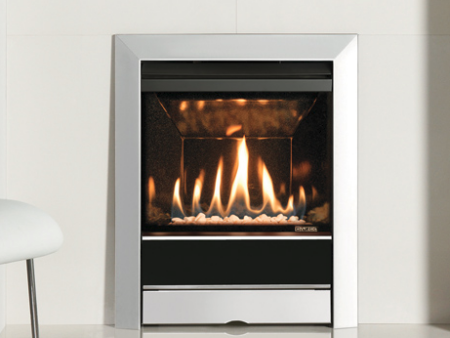 Gazco Logic™ HE Balanced flue fire, white stone fuel bed and Polished stainless tempo complete front.