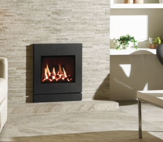 Gazco Logic™ HE Designio2 Steel with coal-effect fuel bed shown with complete front in Graphite with Slide control