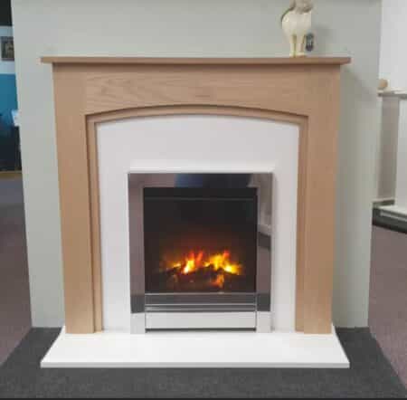 Trent Fireplaces Turner Suite MDF Mantel in Clear Oak Finish with Silkstone Cream Back Panel & Hearth complete with Elgin & Hall 16" Beam Electric Fire in Chrome (Norwich Shop)