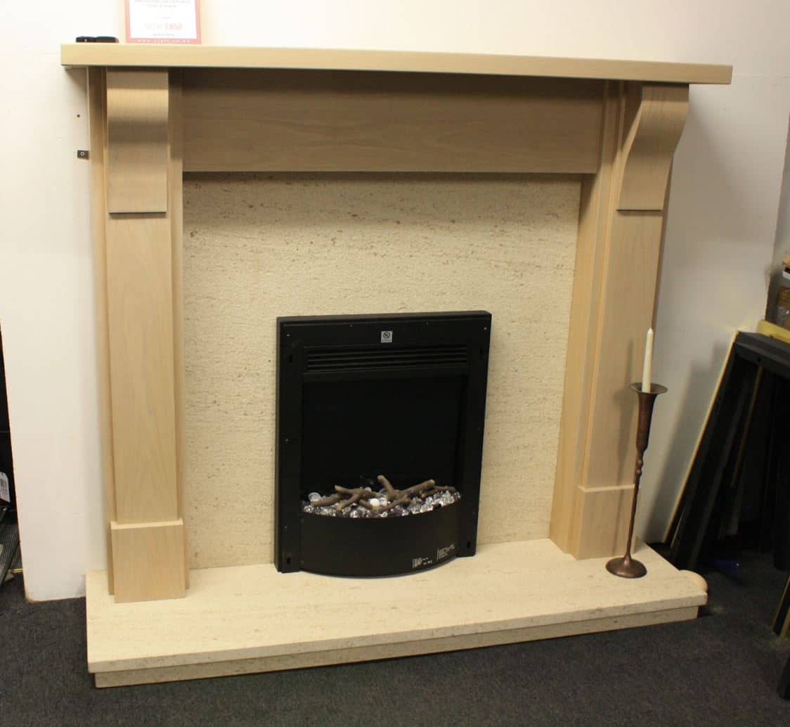 Trent Fireplaces Carlisle 54" Mantel in Whitewashed Laminated Finish with Mocha Creme Limestone Back Panel & Hearth (Chelmsford Shop)