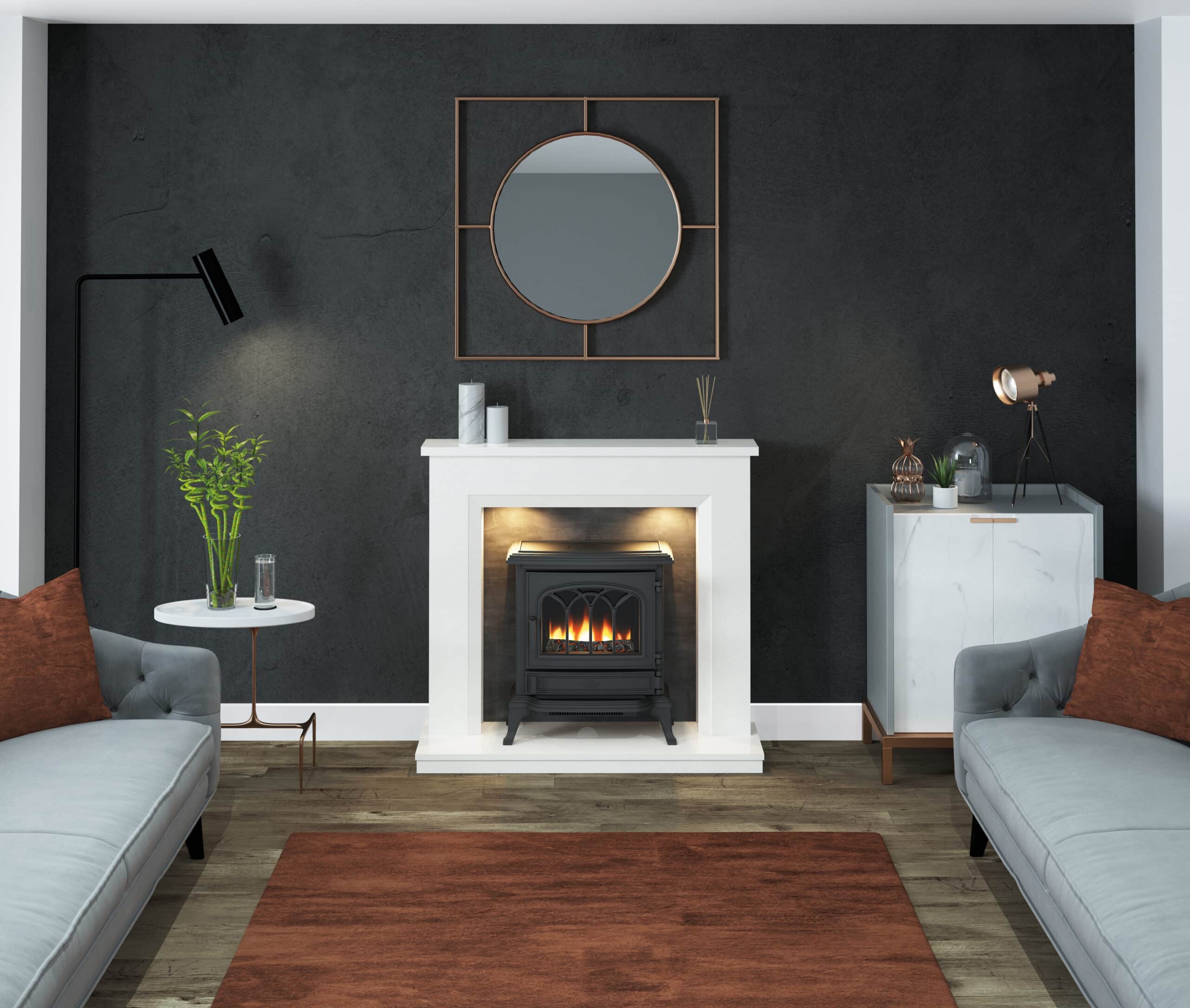 Burniston in White Micromarble with Black Slate Effect Back Panel and Roseville Electric Stove