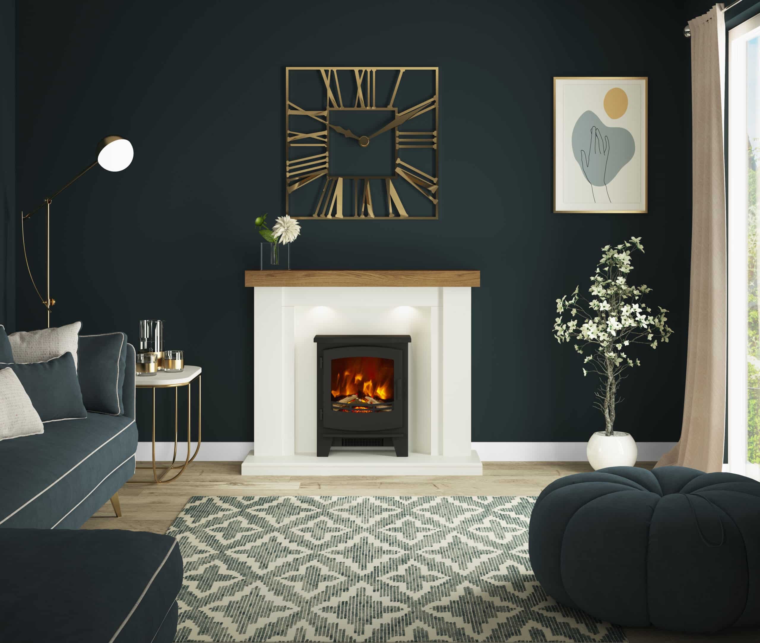 Cottermore in Soft White & Country Oak with Foxworth Small Inset Electric Stove