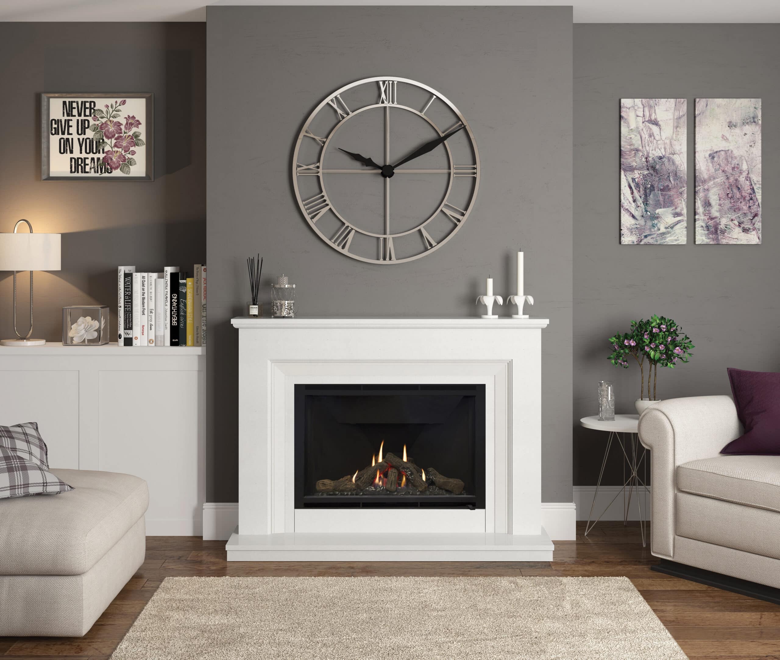 Sinderhope in White Micromarble with Highcliffe 950 Gas Fire