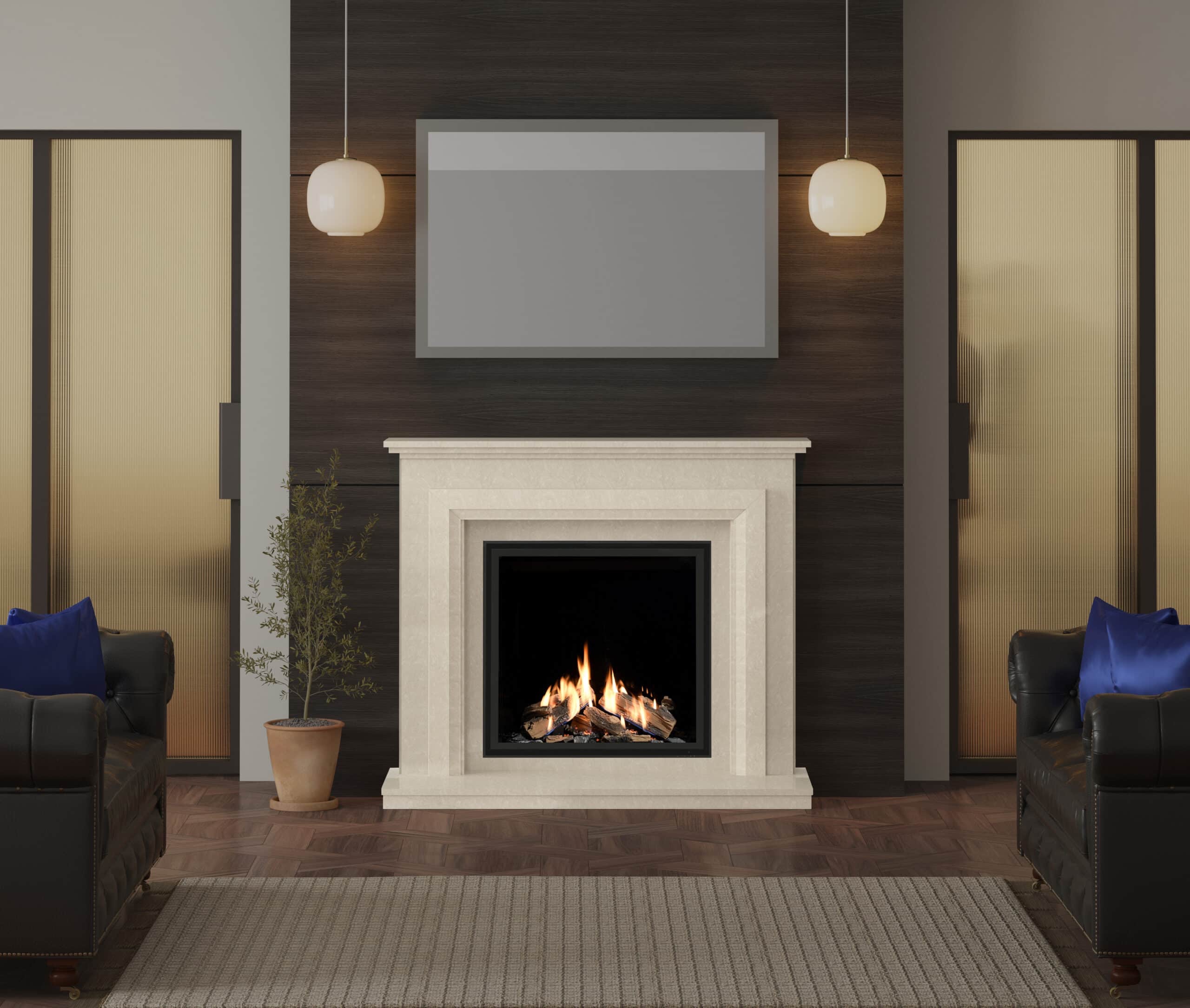 Sunnyside in Pearlstone Micromarble with Highcliffe 750CF Gas Fire decor 2