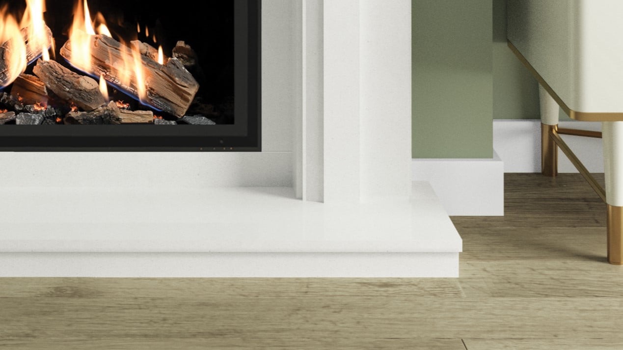 Sunnyside in White Micromarble with Highcliffe 750CF Gas Fire bottom detail