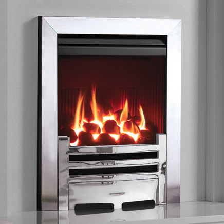 Gazco Logic HE (Balanced flue) shown with Arts front in Polished Chrome-effect and Polished steel-effect Box Profil2 frame