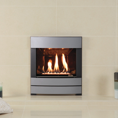 Gazco Logic HE™ Conventional flue fire, white stone fuel bed and Progress complete front.