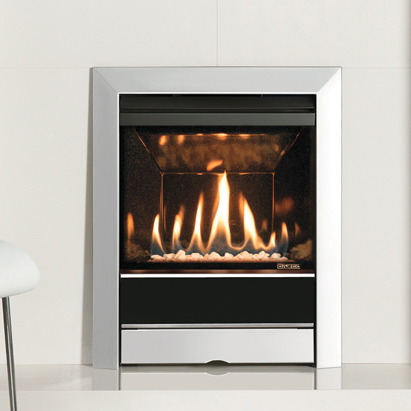 Gazco Logic™ HE Balanced flue fire, white stone fuel bed and Polished stainless tempo complete front.