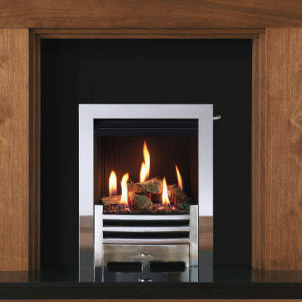 Gazco Logic™ HE Wave Inset gas fire with Polished Stainless Steel Profil front. Also show Helsinki Mantel in Walnut finish.