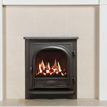 Gazco Logic™ HE fire, coal fuel bed and Stockton Inset complete front.